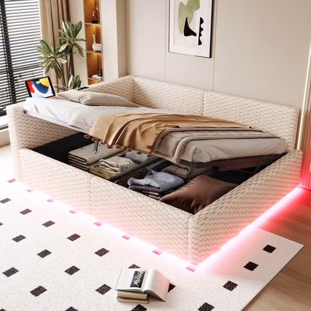 Cama OKWISH de terciopelo beige con base abatible, iluminación LED bajo la cama y puertos de carga USB, An/P/Al: 147.5 x 200 x 68 cm
