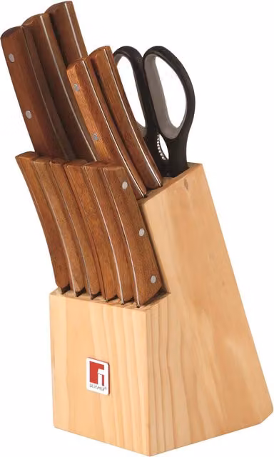 Set de 13 piezas de cuchillos de cocina Bergner con bloque de madera marrón y acero inoxidable