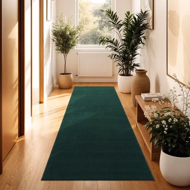 Alfombra Calissa verde de diseño moderno, lavable y antideslizante, An/P: 80 x 300 cm