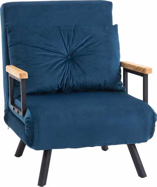 Sofá cama individual plegable HOMCOM de 4 en 1 con respaldo ajustable de 5 niveles, tapizado en terciopelo azul con almohada acolchada, An/P/Al: 63 x 73 x 81 cm