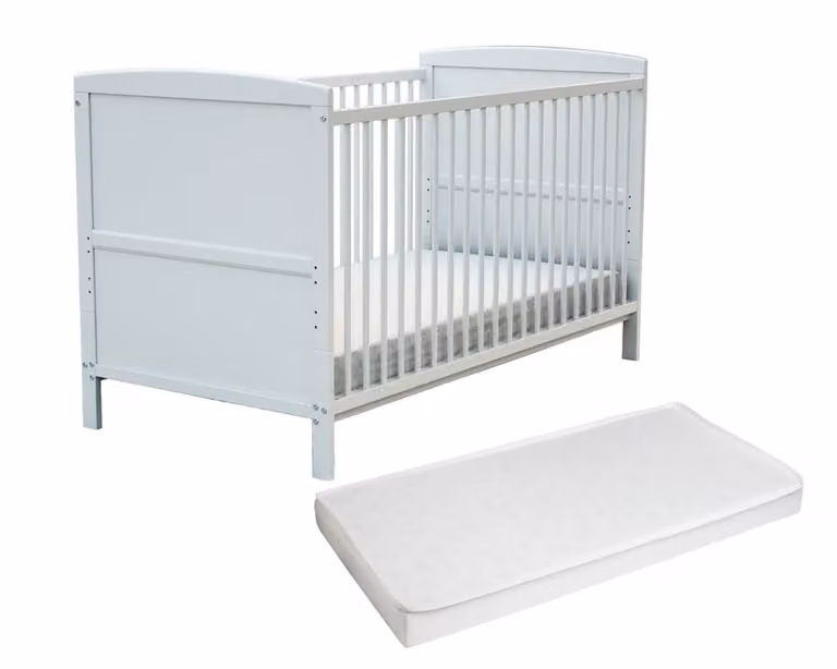 Cuna para bebé ajustable de madera y MDF con lamas abatibles y colchón blanco de 70x140 cm