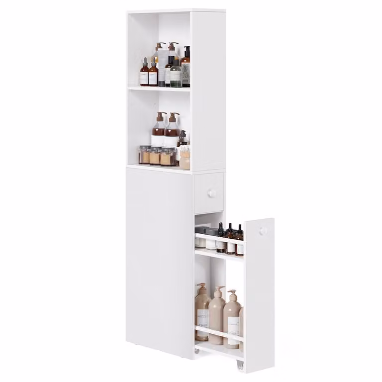 VASAGLE Armario de Baño Moderno Blanco con Puertas, Cajones y Estantes Internos
