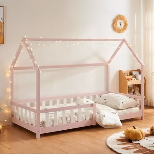 Cama infantil Hesel de en.casa con estructura de casa estilo Montessori en madera de pino, color rosa, An/P/Al: 90 x 200 x 143 cm