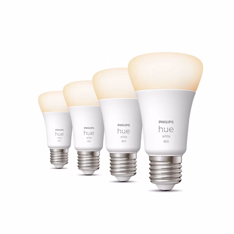 Pack de 4 bombillas inteligentes Philips Hue White A60 LED E27 regulables de luz blanca cálida (800 lúmenes)