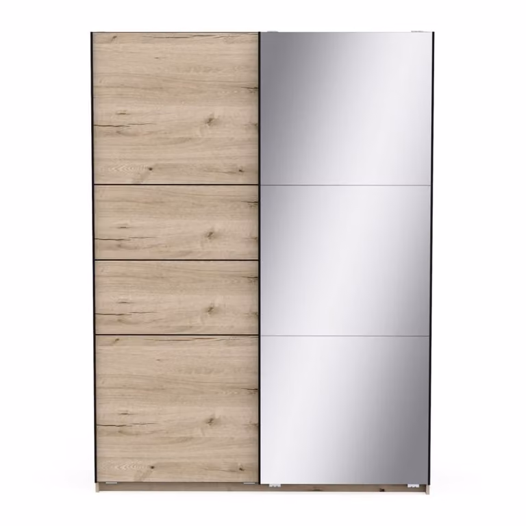 Armario de 2 puertas correderas Calicosy con espejo en color roble y blanco, An: 150 cm, Al: 59,8 cm, Al: 203 cm