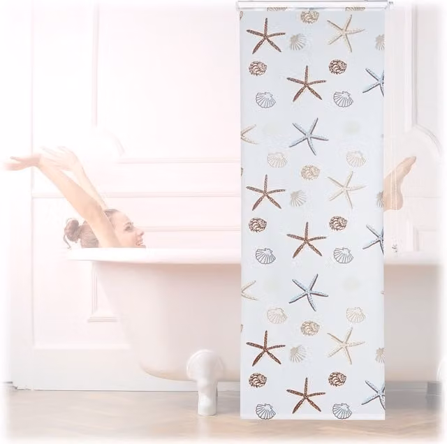 Estor enrollable de ducha Ocean de Relaxdays, diseño marítimo semitransparente y repelente al agua, An/Al: 80 x 240 cm