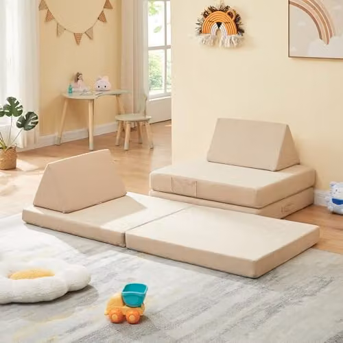 Sofá Modular Infantil Norhulta en.casa de 5 piezas con Colchón Plegable, Tapizado de Pana Beige, An/P/Al: 150 x 66 x 46 cm