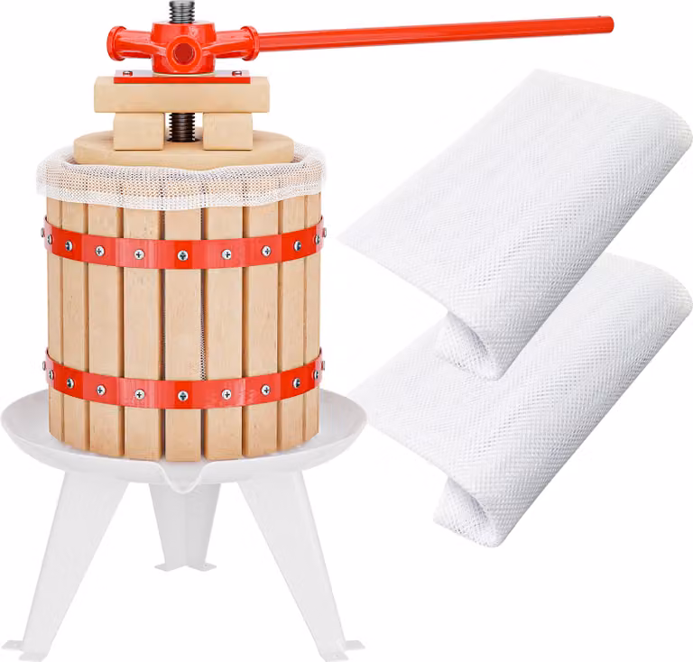 Prensa de madera Wiltec para frutas y vino de 12 litros con 3 paños de presión, color marrón