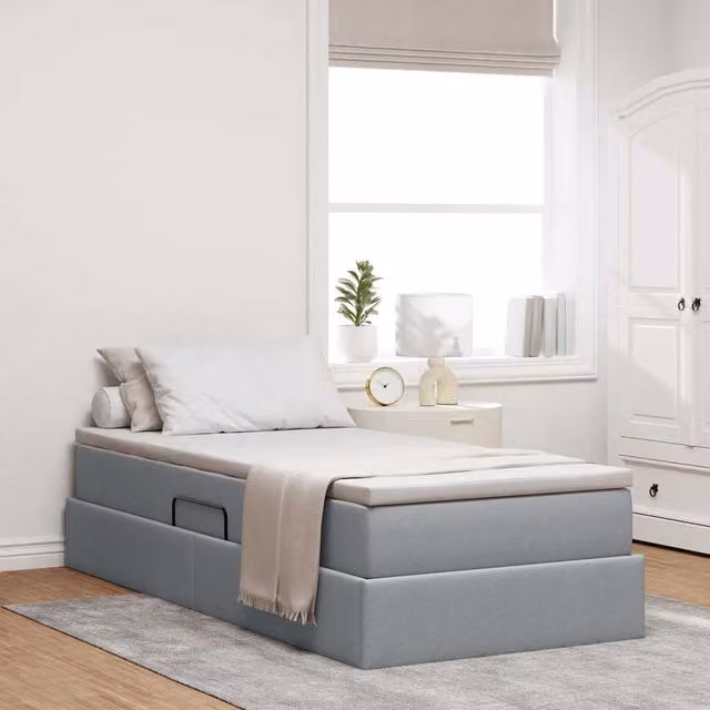 Cama con almacenamiento y colchón híbrido Maison Exclusive en gris claro, An/P/Al: 90 x 200 x 48.5 cm