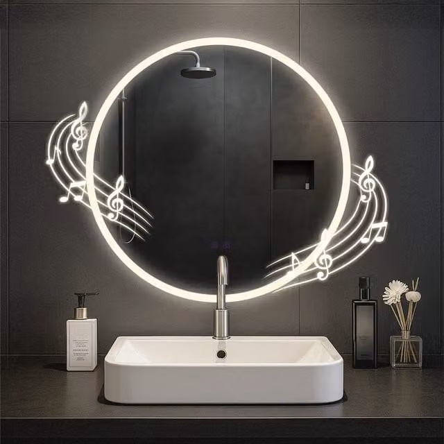 Espejo de baño redondo Laconia de 70 cm con iluminación LED regulable, Bluetooth y acabado en blanco