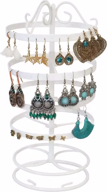Expositor de pendientes giratorio de metal Relaxdays, color blanco, An/P/Al: 30 x 16,5 x 0,5 cm