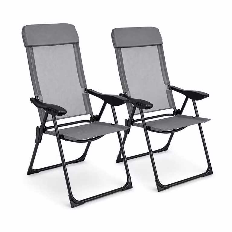Pack de 2 sillas plegables reclinables Lorvik con respaldo alto y reposabrazos en color gris para exterior
