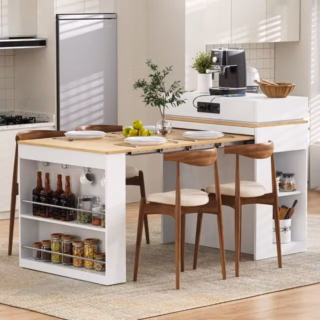 Isla de cocina Redom extensible con tablero abatible y vidrio, color blanco, An/P/Al: 83 x 46 x 96 cm