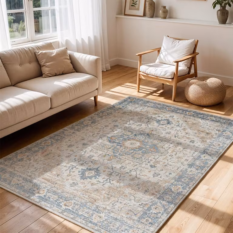 Alfombra vintage Livabliss de estilo oriental lavable en marrón, azul, beige y gris, An/P: 200 x 275 cm