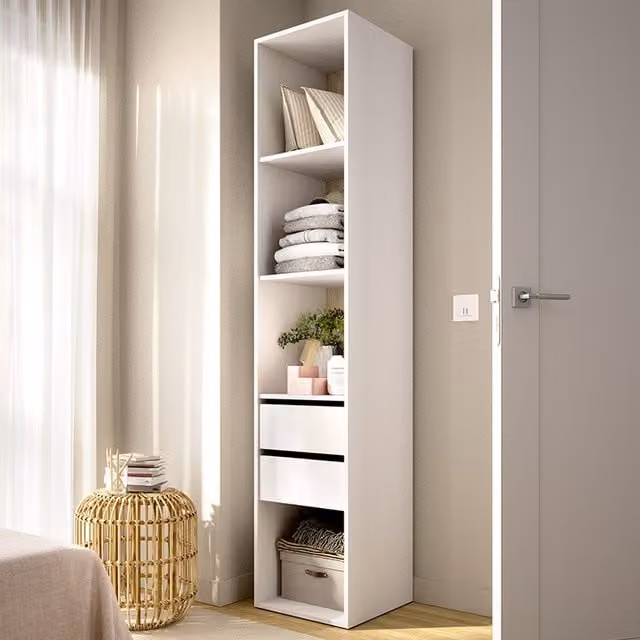Armario de dormitorio DMORA con puertas correderas, estantes y cajones integrados, acabado blanco mate, An: 45 cm, Al: 45 cm, Al: 205 cm