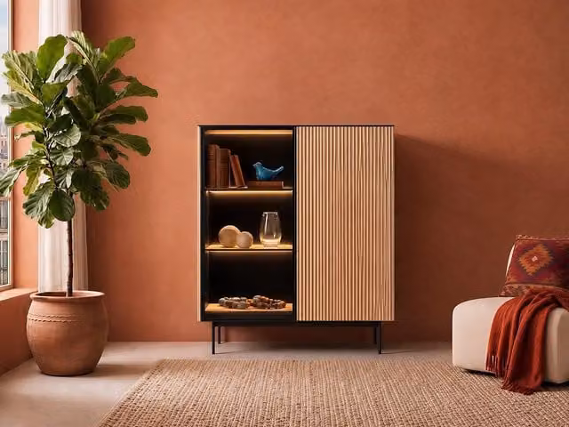 Vitrina Sayera de 2 puertas con iluminación LED integrada, fabricada en MDF y vidrio ahumado, color natural claro y negro, Altura: 127 cm