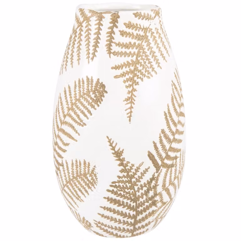 Jarrón de cerámica Maisons du Monde con estampado floral blanco y dorado, Altura: 24 cm