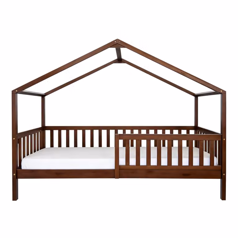 Cama cabaña Sunny de madera de pino para niños con barrera de seguridad, color marrón, An/P/Al: 90 x 200 x 156,5 cm