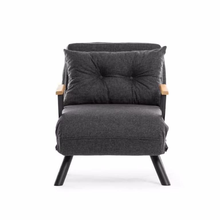 Sillón cama Calicosy de tela gris con estructura de metal y madera de haya para adultos