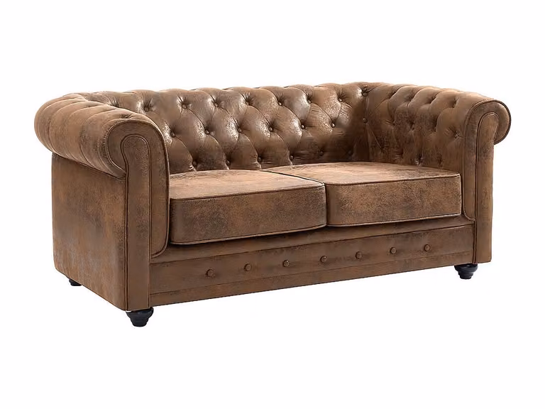 Sofá Chesterfield de 2 plazas VENTE-UNIQUE en microfibra color marrón con estructura de madera sólida y fundas extraíbles An/P/Al: 165 x 72 x 88 cm