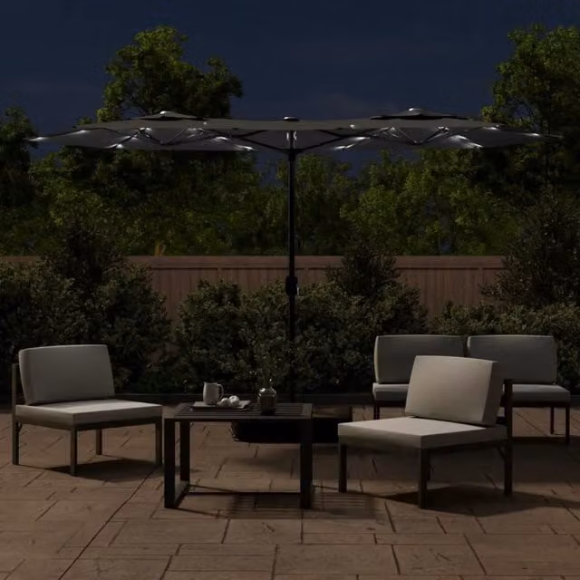 Sombrilla doble de jardín SYFAX con luces LED en color gris antracita, fabricada en poliéster y acero, An/P/Al: 316 x 240 x 145 cm