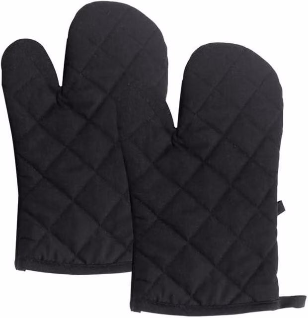 Par de guantes de cocina resistentes al calor en color negro, fabricados en mezcla de poliéster con diseño antideslizante y lavables para barbacoa, horno de leña o chimenea