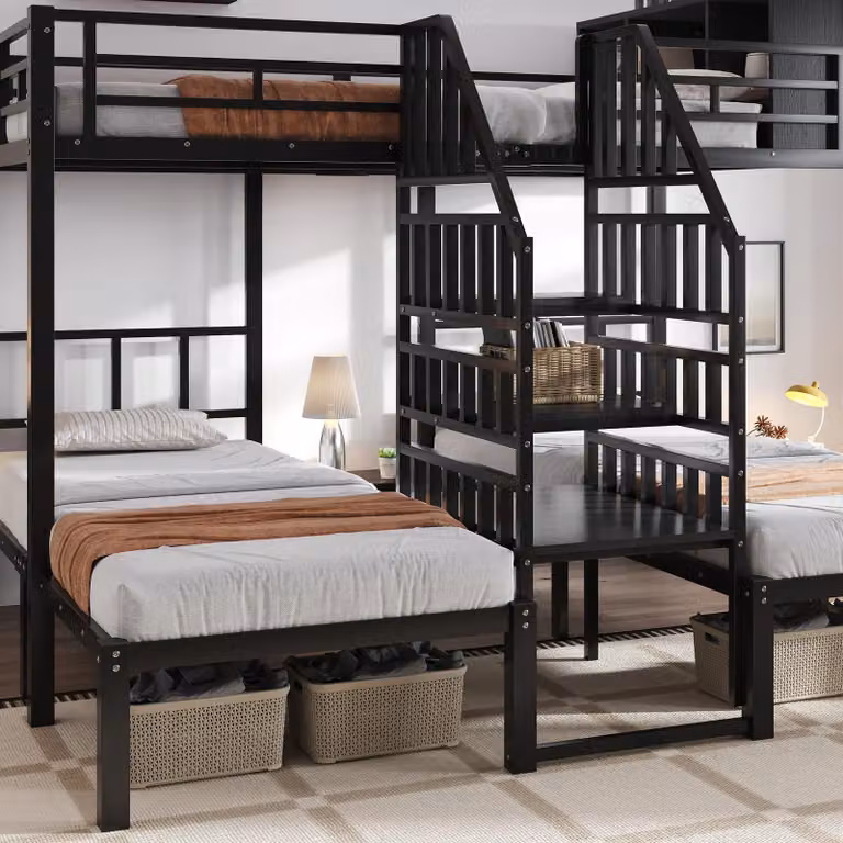Cama nido de metal OKWISH para tres personas con escalera y barandillas, estructura juvenil en color negro, An/P/Al: 140 x 200 x 148 cm