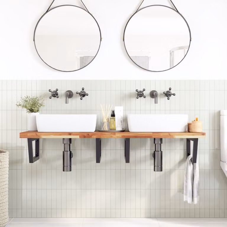 Estante de lavabo de pared vidaXL de madera de acacia aceitada y acero en color marrón