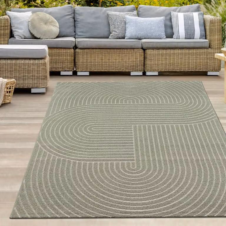 Alfombra Teppich-Traum de estilo boho para exterior e interior con diseño de ondas en color verde, An: 120 cm, Al: 160 cm