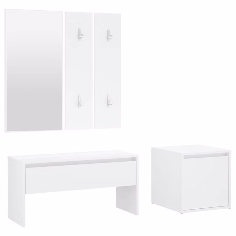 vidaXL Juego de muebles de recibidor de madera MDF blanco con banco, espejo y estante de pared de estilo minimalista