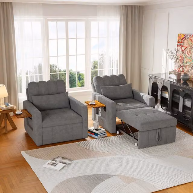 Sillón Cama Individual SOLKVUNZA en Tela Chenille Gris con Respaldo Ajustable, Mesa Plegable y Bolsillo de Almacenaje, An/P/Al: 108 x 85 x 86 cm