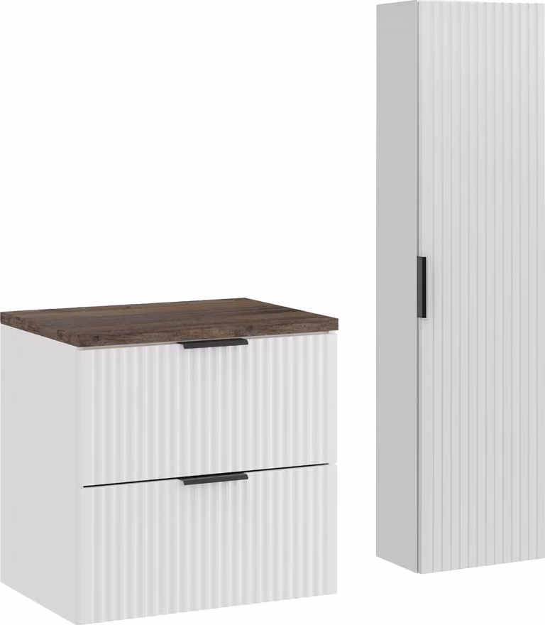 Mueble de baño moderno con armario alto y encimera de roble en color blanco mate y marrón