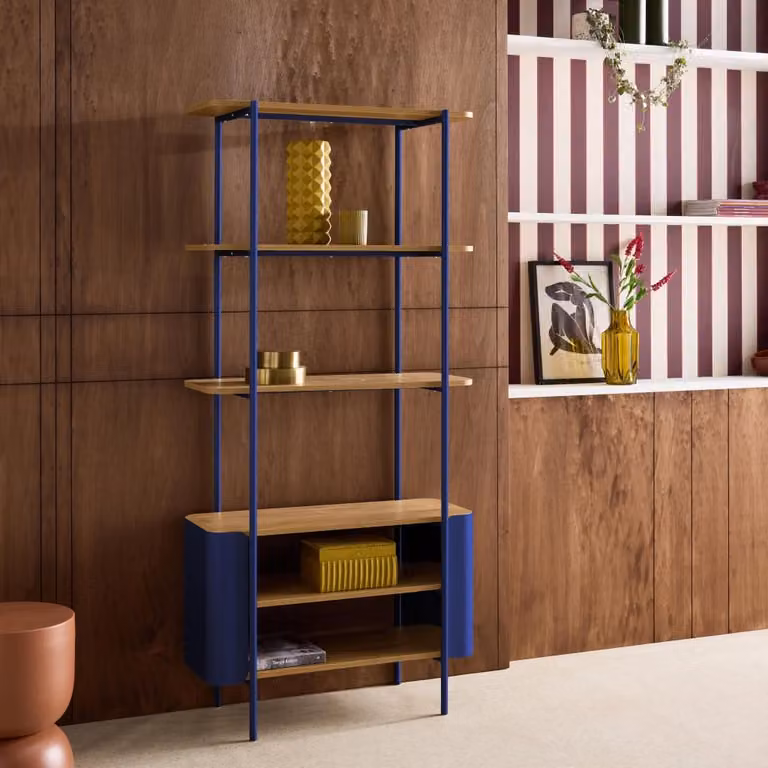 Estantería de 6 niveles SWEEEK de metal y madera en azul, An/P/Al: 80 x 33.8 x 172 cm