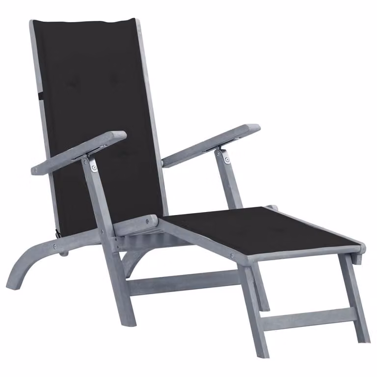 Tumbona de jardín Syfax de madera de acacia con reposapiés y cojín impermeable gris y negro
