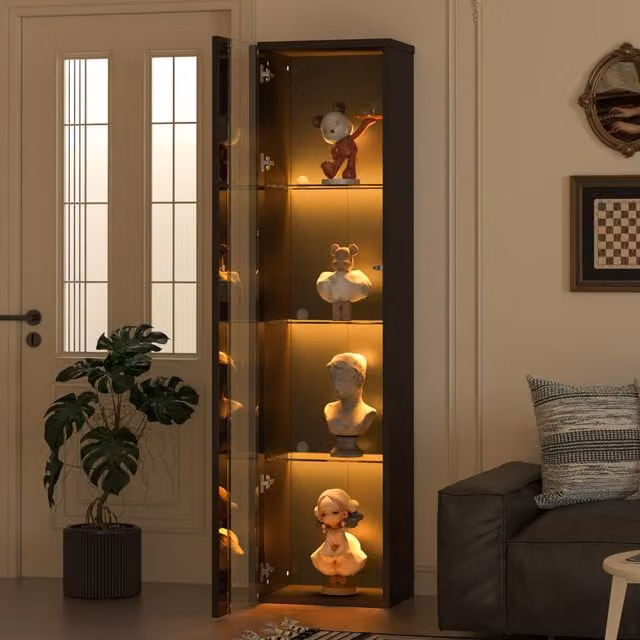 Vitrina de almacenaje MODENVIE con iluminación LED integrada y puertas de cristal para salón o despacho, color negro, An/P/Al: 40 x 29 x 170 cm