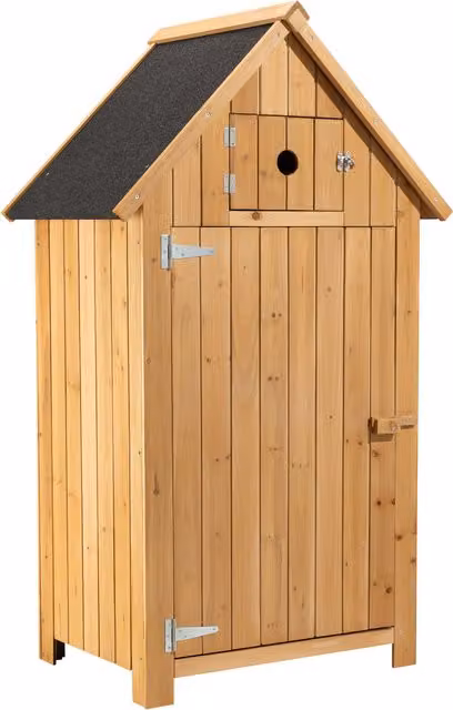 Caseta de jardín Wiltec de madera de pícea con tejado de betún y acabado rústico en color marrón, An/P/Al: 77 x 54 x 137 cm