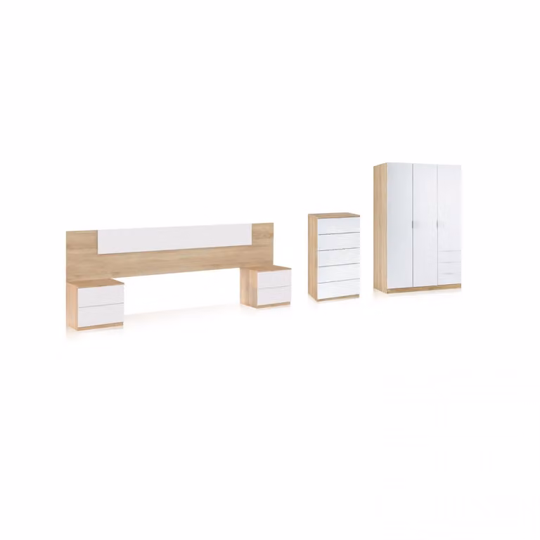 Conjunto de dormitorio Akari 5C Plus de Duehome con 5 piezas en madera de roble, blanco y marrón de estilo escandinavo