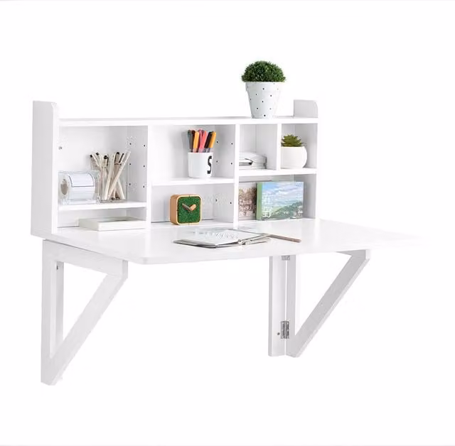 Mesa de escritorio plegable de pared con estante integrado Sobuy color blanco An/P/Al: 90 x 60 x 78 cm