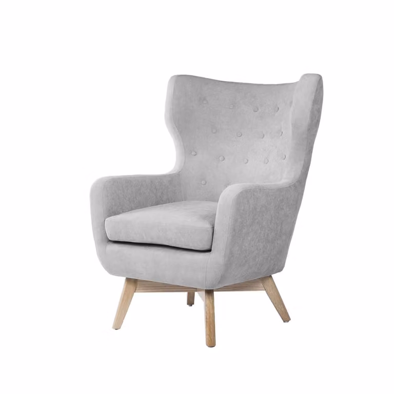 Butaca clásica Koketto Home de estilo tub con estructura de madera de roble y tapizado de tela en gris para salón o dormitorio