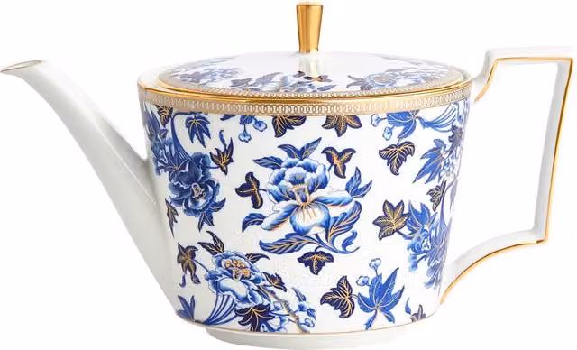 Tetera de porcelana con diseño floral Hibiscus de Wedgwood en blanco, azul y dorado