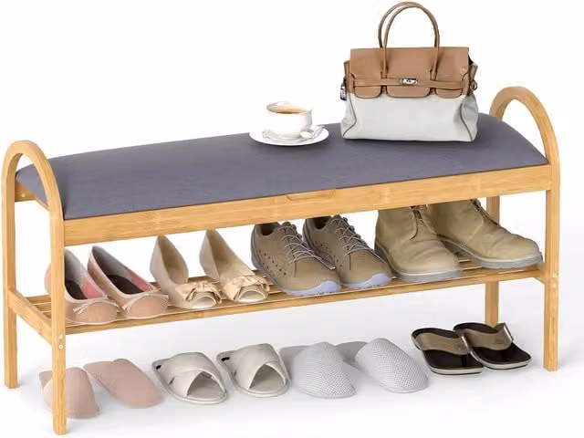 Banco para zapatos de bambú NORTHIX con asiento acolchado gris y almacenamiento oculto para el pasillo
