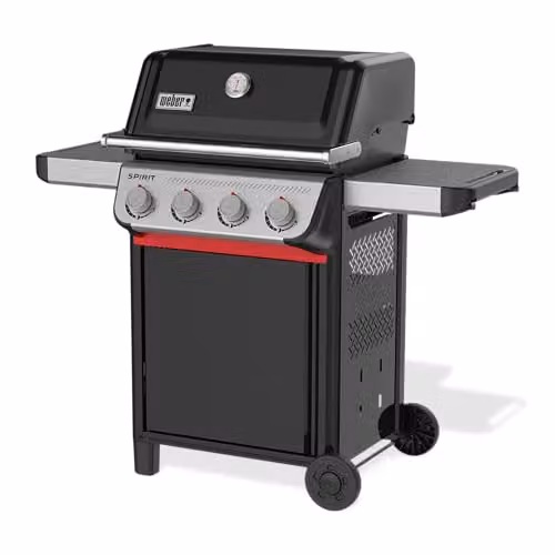 Barbacoa de gas Weber Spirit E-410 de 4 quemadores con termómetro y ruedas en color negro y plata