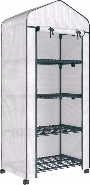 Invernadero de exterior Outsunny con 4 estantes, ruedas y puerta enrollable, marco de acero y cubierta de PE, color blanco, An/P/Al: 69 x 50 x 165 cm