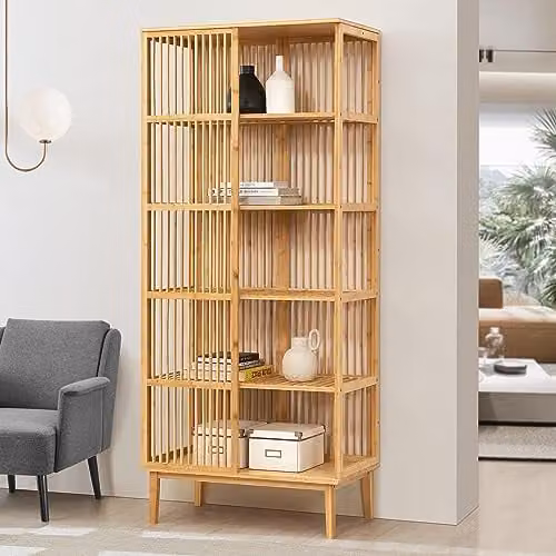 Estantería de pie en bambú en.casa de 5 niveles para baño, cocina o dormitorio, color natural, Al x An x P: 185 x 80 x 45 cm