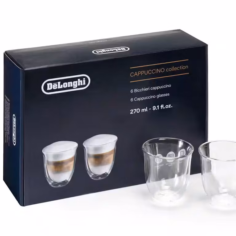 Juego de 6 vasos de doble pared De'Longhi La colección cappuccino, transparentes, 270 ml