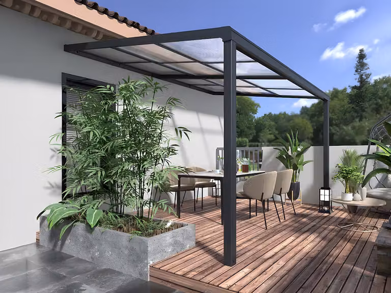 Pérgola adosada IZEDA con techo deslizable de policarbonato y canalón, color antracita, An/P/Al: 400 x 300 x 254 cm