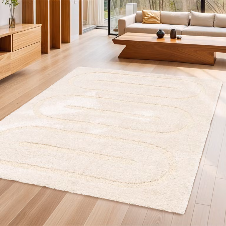 Alfombra interior rectangular con motivos geométricos de la marca Sweeek en color beige y poliéster con certificación Oeko-Tex Standard 100, An/P/Al: 76,2 x 80 x 1 cm
