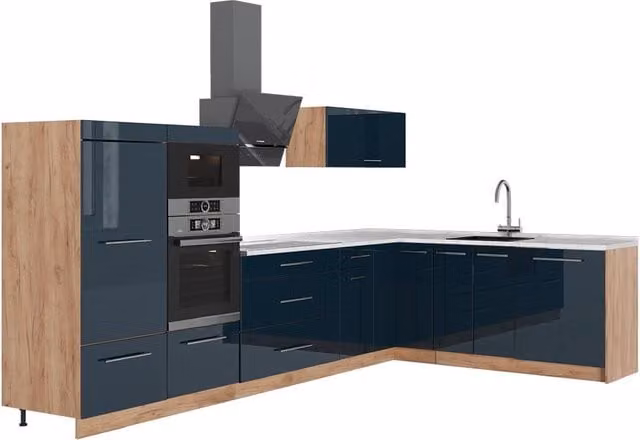 Cocina esquinera Vicco Fame-Line en azul oscuro alto brillo y roble dorado