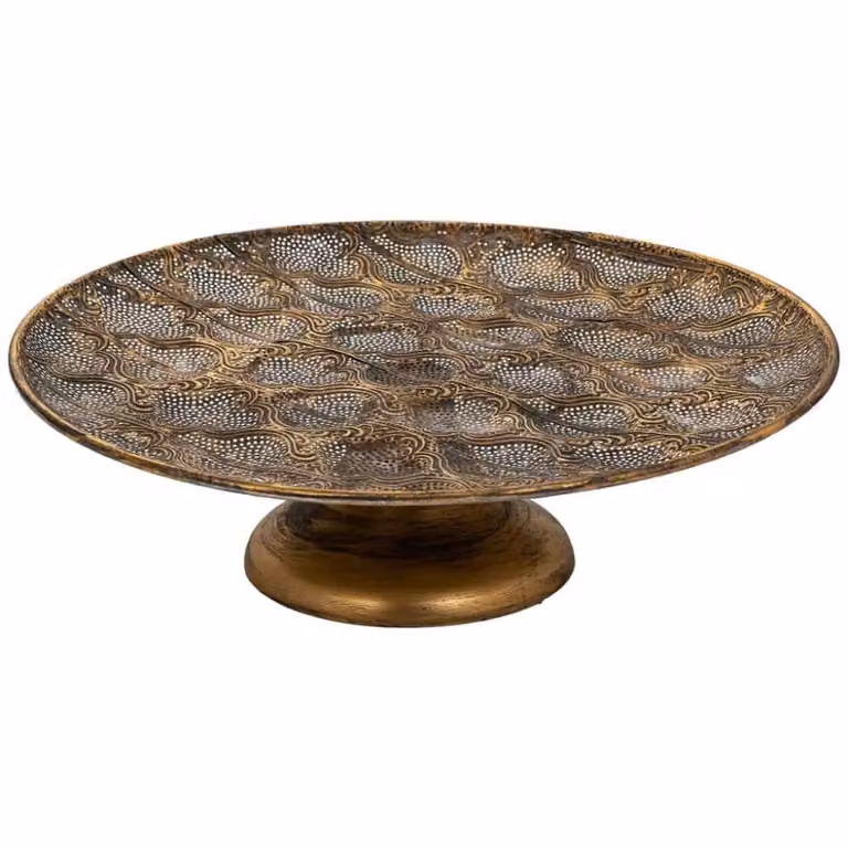 Centro de mesa redondo Wanderlust Deco de metal dorado con diseño oriental y abstracto, Diámetro: 48 cm, Altura: 15 cm