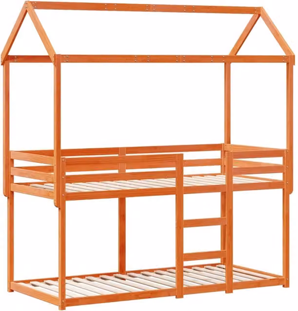 Cama litera infantil SYFAX de madera maciza de pino con estructura de casa, color marrón encerado, 90x190 cm